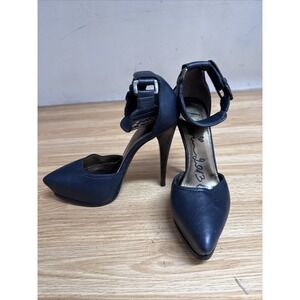 LANVIN Ete Strappy Blue  Leather Ankle Strap Platform Wooden Heel Pump Sz 37 1/2